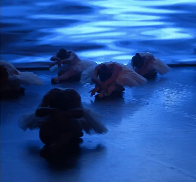 Danseuses en costumes de cygnes inclinées sur une scène éclairée en bleu, spectacle Béatrice Flahault-Milza, Bezons — juin 2011
